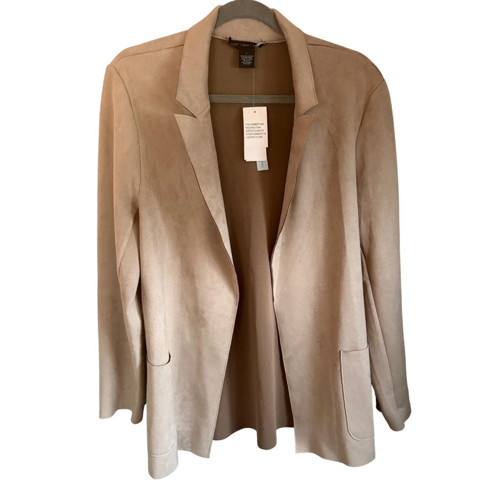 Joan Vass New York Faux Suede Open Front Blazer Taupe NWT Size L